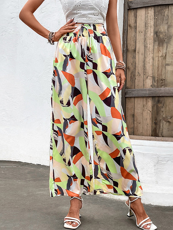 High Waisted Wide Leg Elasticity Printed Split-Joint Tied Pants Trousers