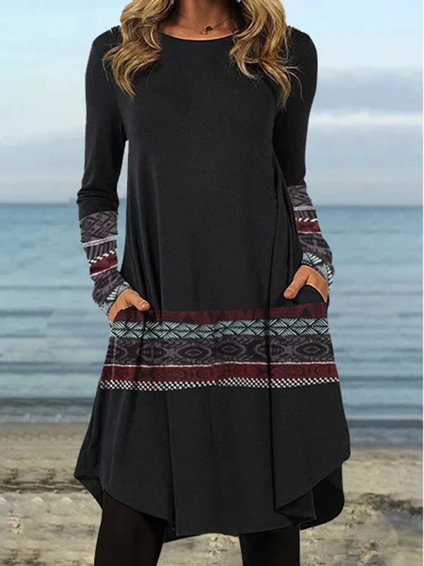 Casual Long Sleeves Striped Contrast Color Printed Round-Neck Mini Dresses