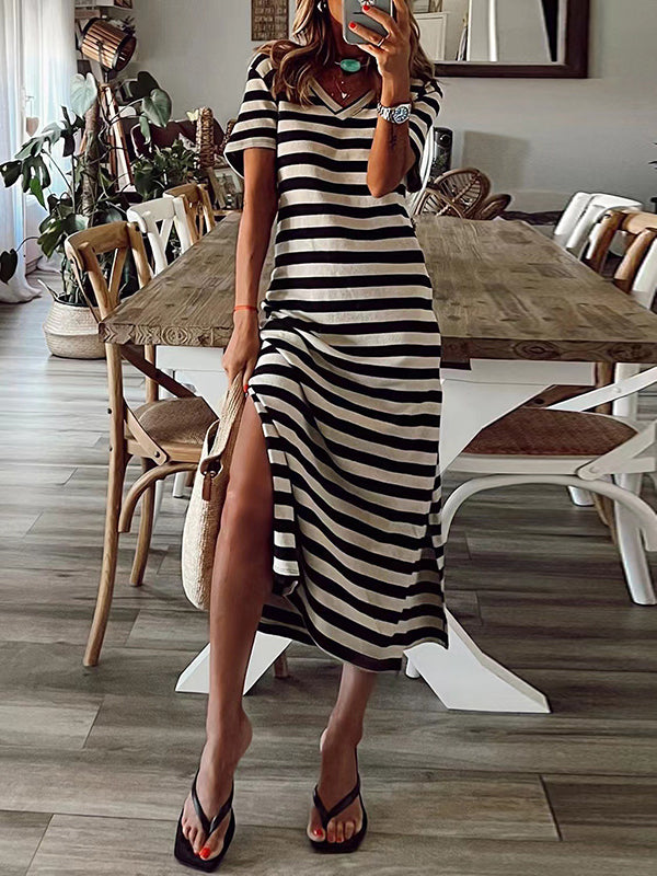 A-Line Loose Printed Split-Side Striped V-Neck Midi Dresses