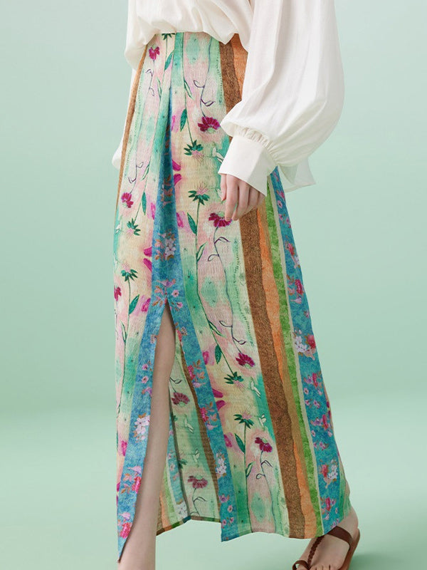 Wrap Contrast Color Flower Print Split-Front Skirts Bottoms