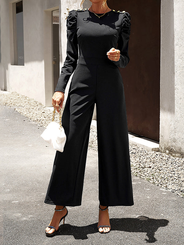 Bishop Sleeve High Waisted Buttoned Pleated Solid Color Round-Neck Jumpsuits