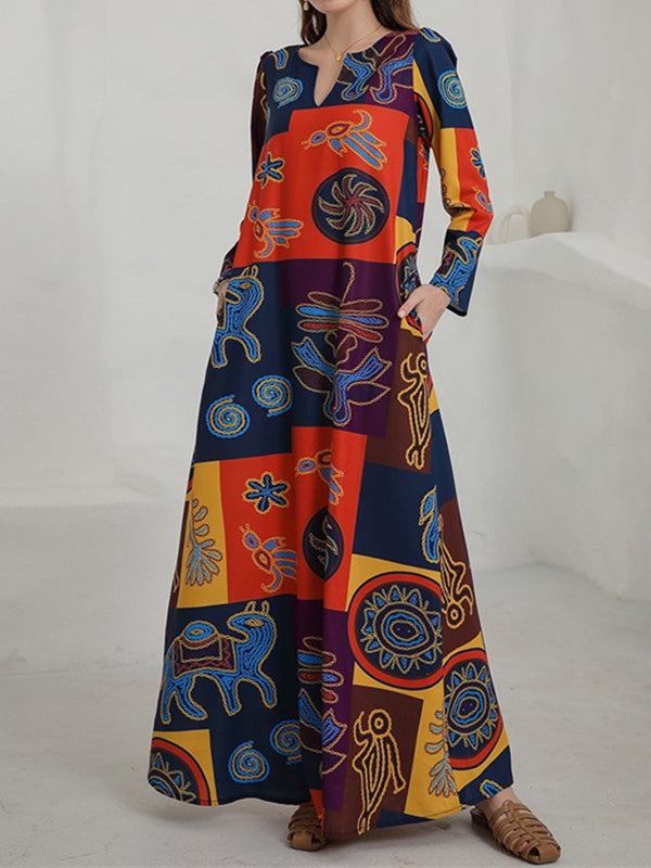 Long Sleeves Loose Color-Block Printed V-Neck Maxi Dresses