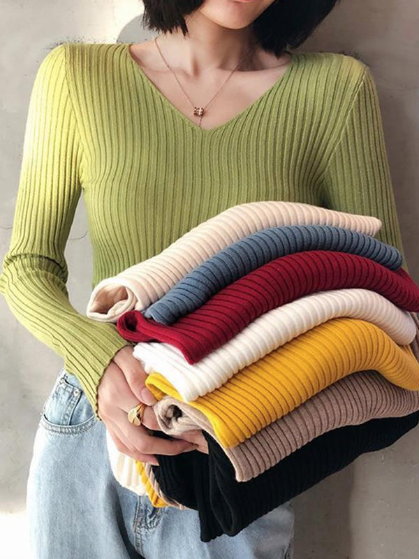 Casual Skinny Long Sleeves Solid Color V-Neck Pullovers