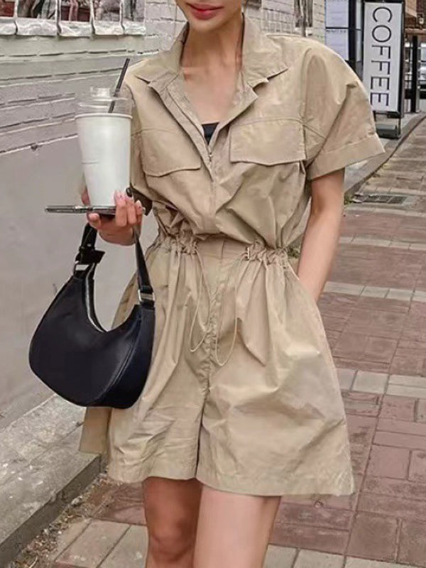 Loose Wide Leg Drawstring Solid Color Zipper Notched Collar Rompers