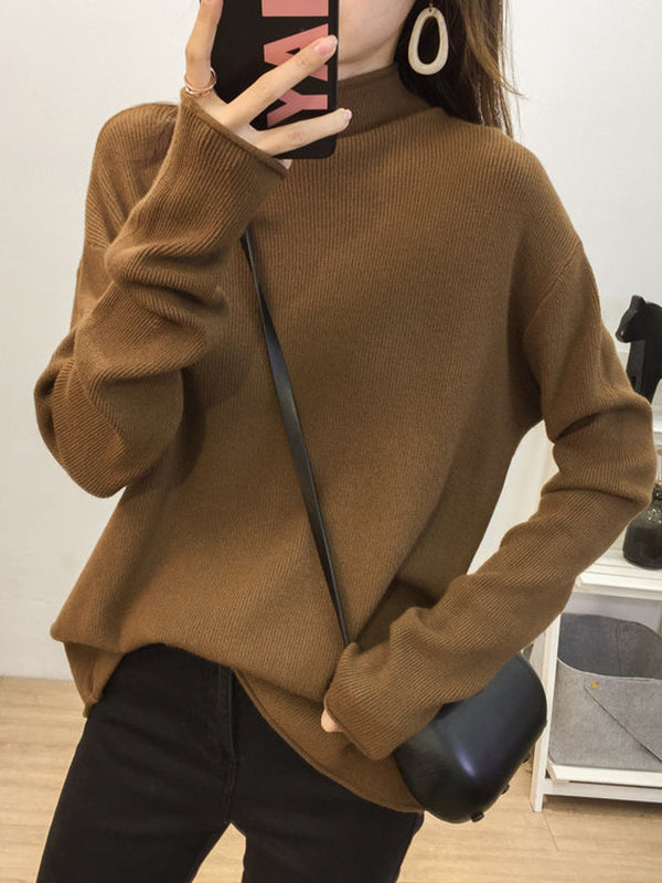 Casual Loose Long Sleeves Solid Color Half Turtleneck Sweater Tops