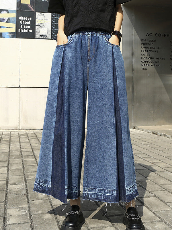 Loose Wide Leg Elasticity Fringed Pleated Jean Pants Bottoms