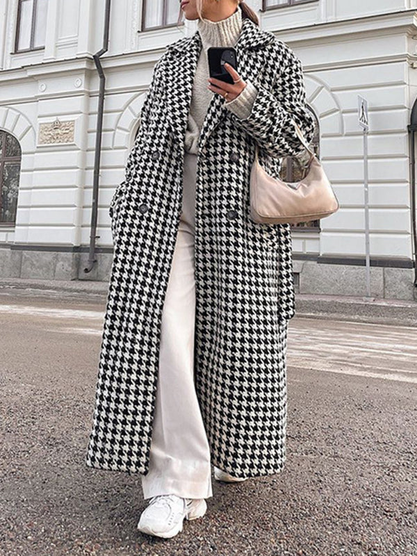 Long Sleeves Loose Houndstooth Split-Back Split-Joint Tied Waist Lapel Trench Coats