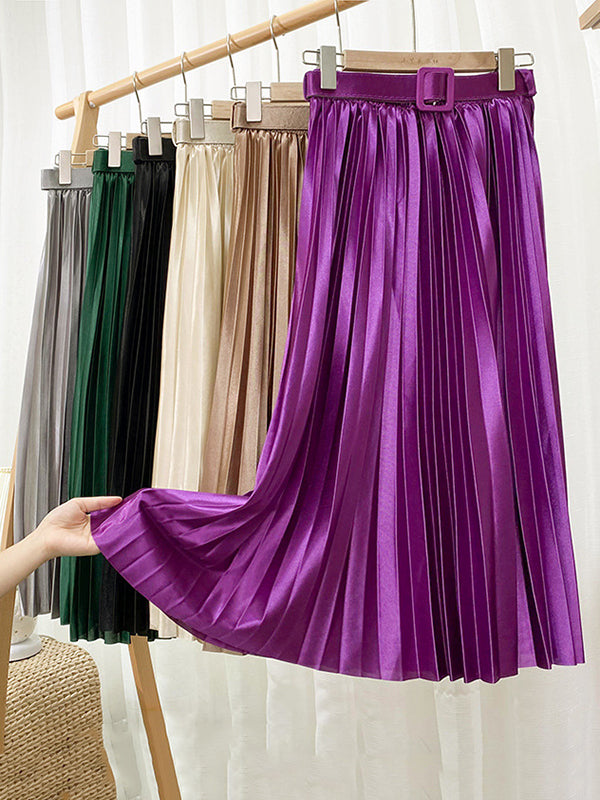 Loose Pleated Solid Color Skirts Bottoms