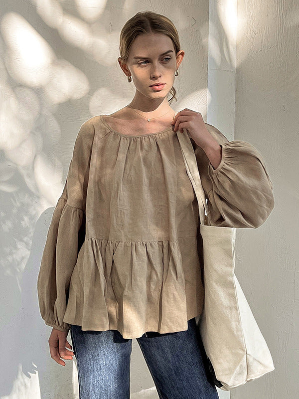 Casual Loose Linen Solid Color Pleated Puff Sleeves T-Shirt Top