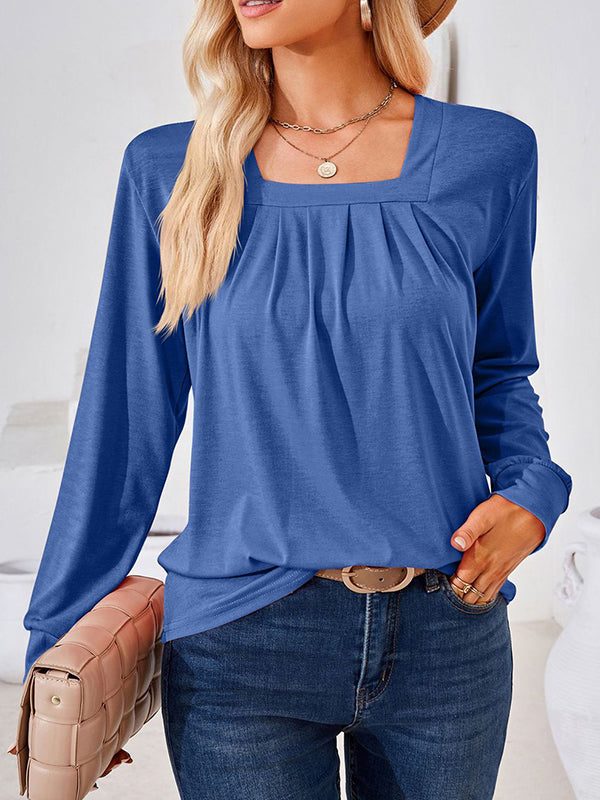 Long Sleeves Loose Pleated Solid Color Square-Neck T-Shirts Tops
