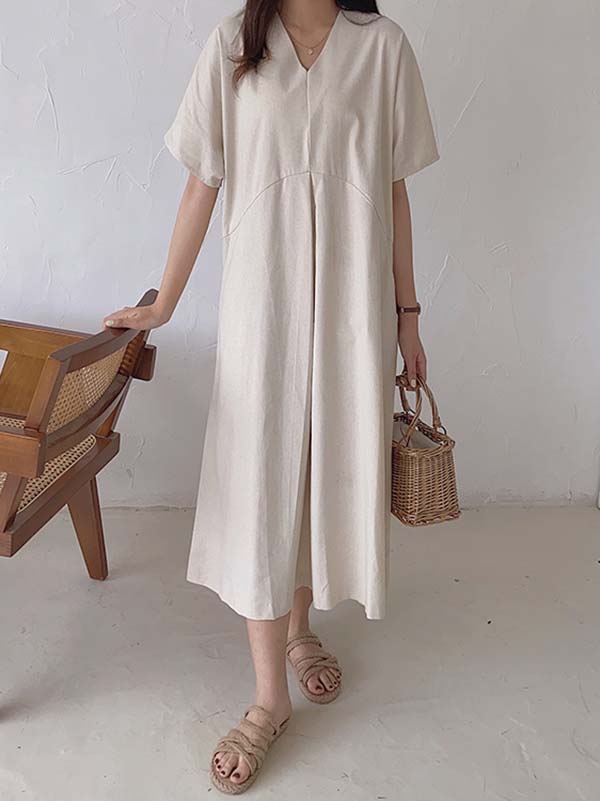 Simple Loose Linen Short Sleeves Solid Color V-Neck Midi Dresses