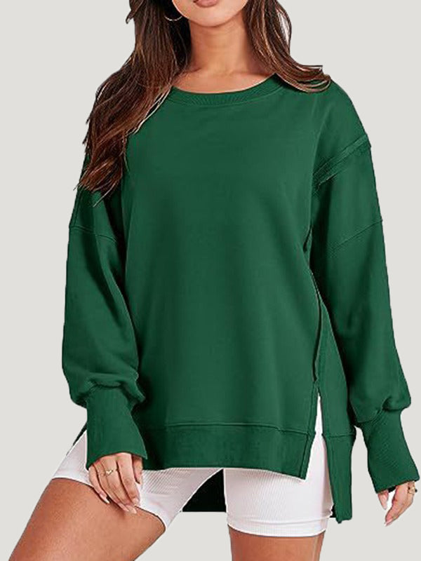 High-Low Long Sleeves Fringed Solid Color Split-Joint Split-Side Round-Neck Sweatershirt