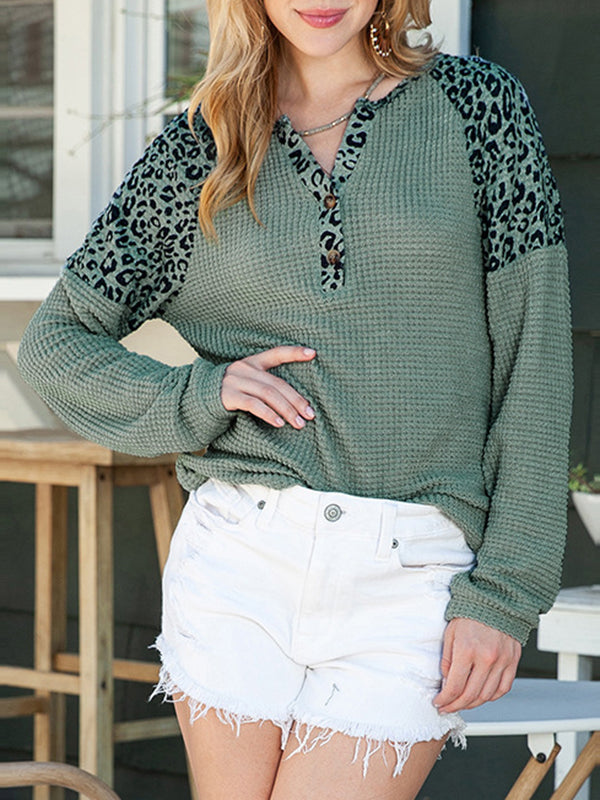 Long Sleeves Loose Buttoned Leopard Split-Joint Round-Neck T-Shirts Tops