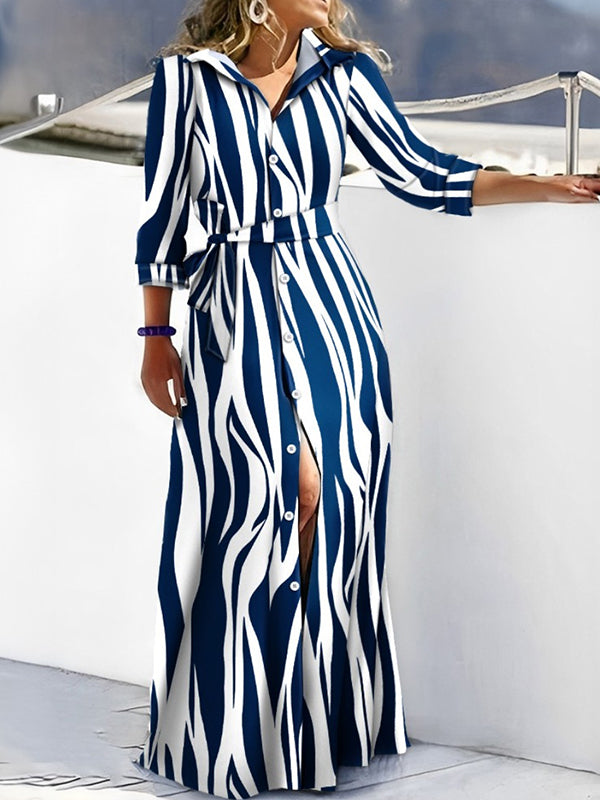 High Waisted Long Sleeves Buttoned Tied Waist Zebra Printed V-Neck Maxi Dresses Shirt Dress