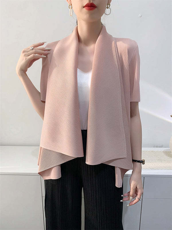 Loose Short Sleeves Pleated Solid Color Collarless Outerwear