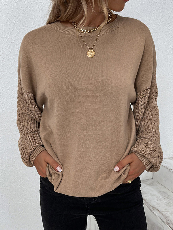 Knitted Twist Long Sleeves Solid Color Round-Neck Sweater Tops