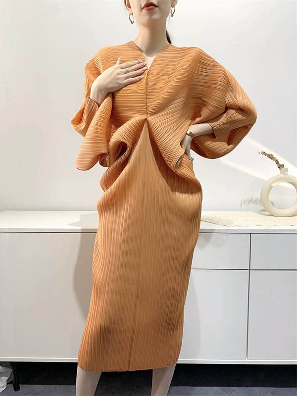 Original Creation Loose Batwing Sleeves Pleated Solid Color V-Neck Midi Dresses