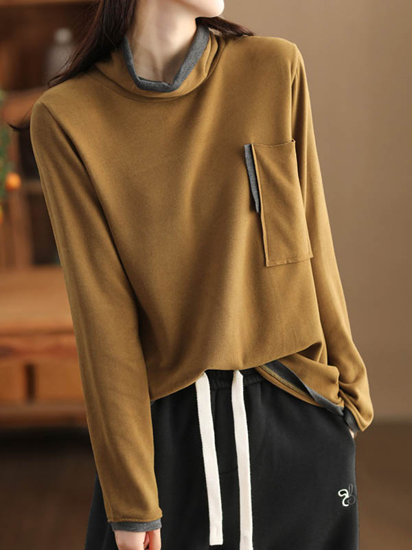 False Two Long Sleeves Contrast Color Pockets High Neck T-Shirts Tops