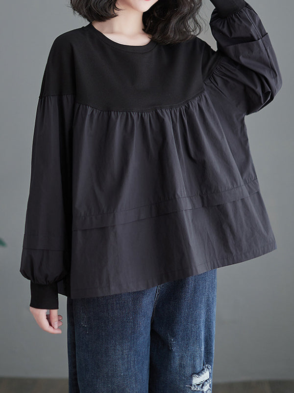 A-Line Long Sleeves Pleated Split-Joint Round-Neck T-Shirts Tops
