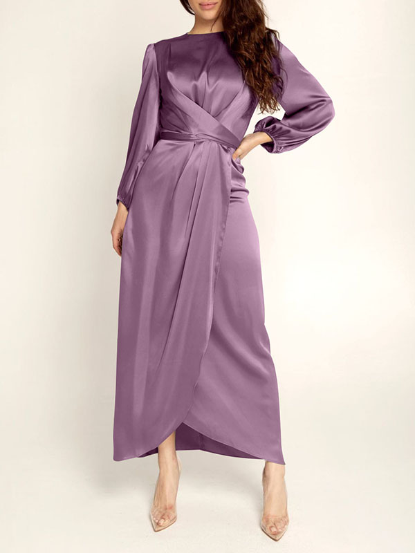 Wrap High-Waisted Solid Color Tied Waist Zipper Round-neck Maxi Dresses