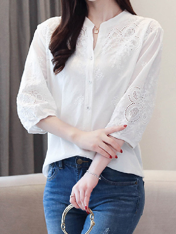 Vintage Half Sleeves Hollow Embroidered White Blouse