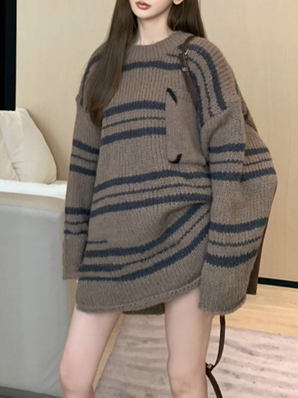 Long Sleeves Loose Split-Joint Striped Round-Neck Sweater