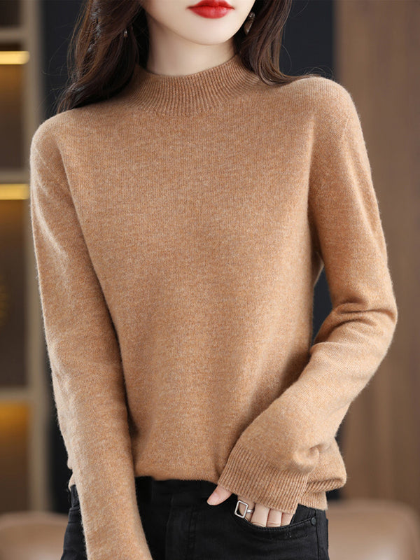 Casual Long Sleeves Solid Color Half Turtleneck Sweater Tops