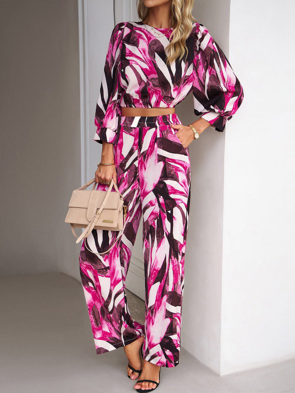Nine-Minute Sleeve Puff Sleeves Printed Round-Neck Shirts Top + Elasticity Pants Bottom Two Pieces Set