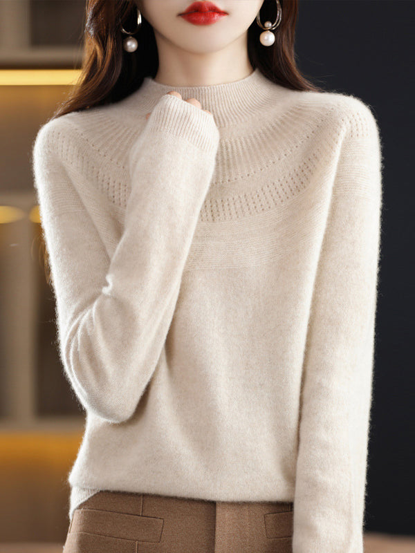 Office Raglan Sleeve Hollow Solid Color High-Neck Sweater Tops