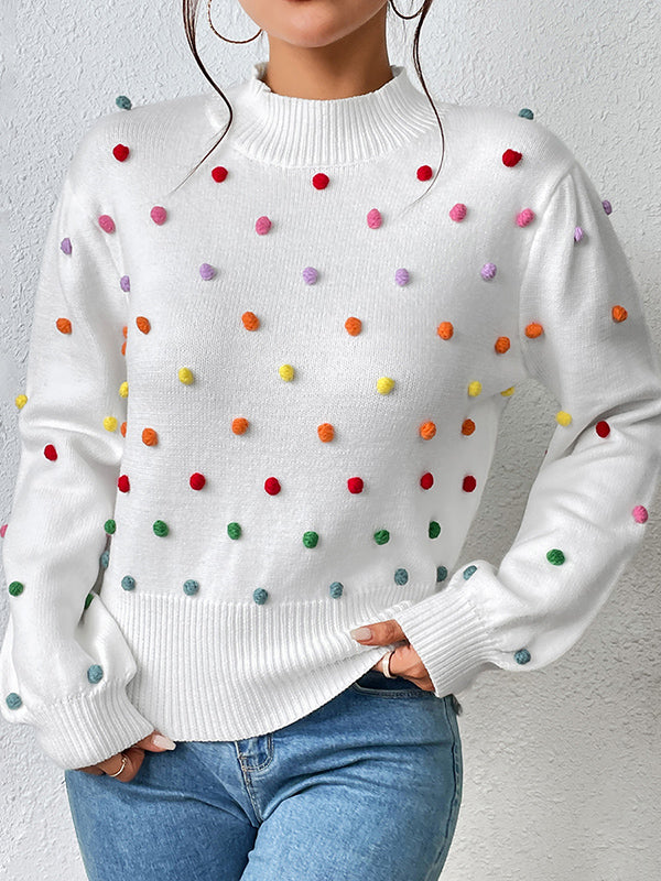 Long Sleeves Loose Pompom Triming Round-Neck Knitwear Pullovers Sweater Tops