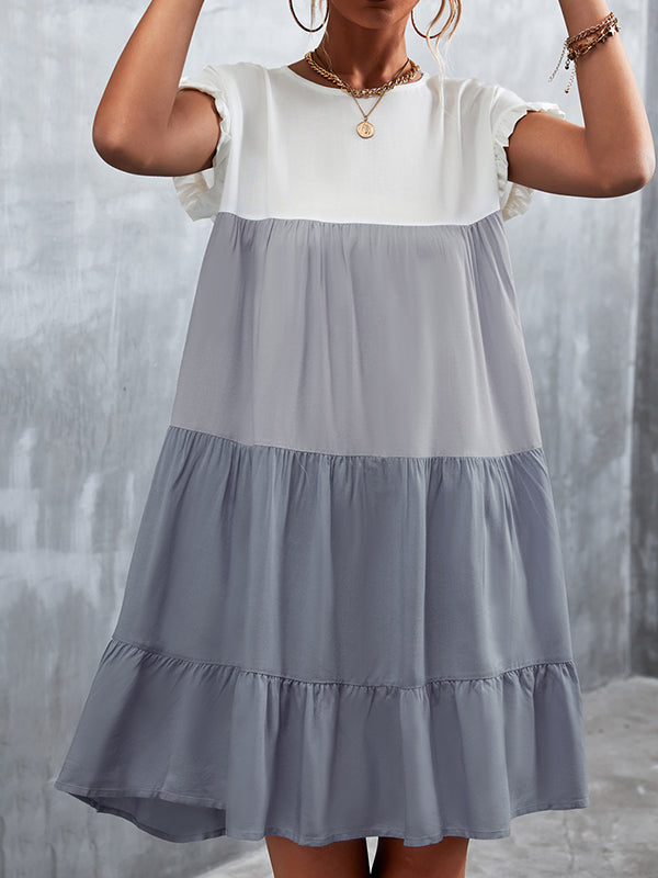 Loose Ruffle Sleeves Contrast Color Falbala Pleated Split-Joint Round-Neck Mini Dresses