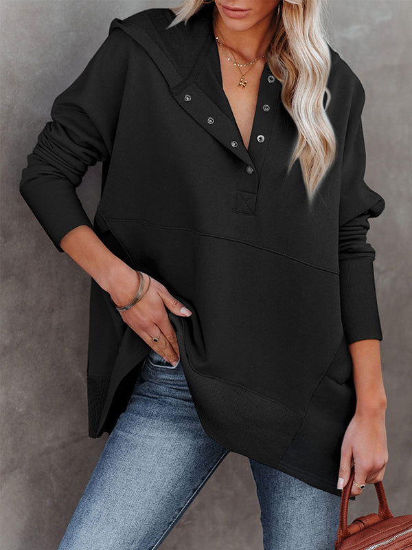 Batwing Sleeves Long Sleeves Buttoned Hooded Split-Joint V-Neck Hoodies Tops