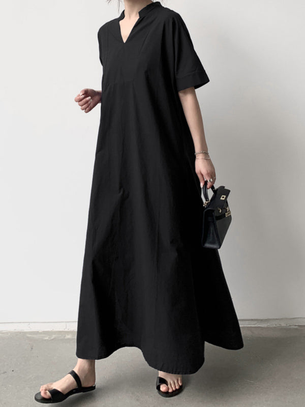 Loose Short Sleeves Solid Color V-Neck Maxi Dresses