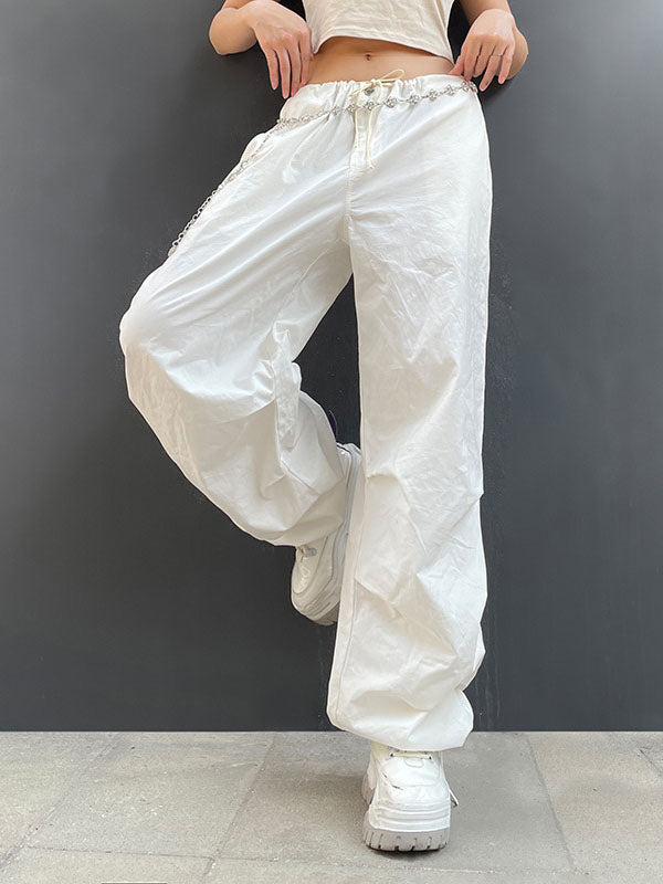 Loose Wide Leg Drawstring Pockets Solid Color Split-Joint Pants Trousers