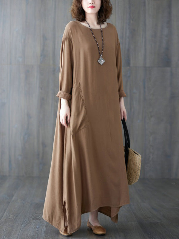 Casual Long Sleeves Loose Solid Color Round-Neck Maxi Dresses