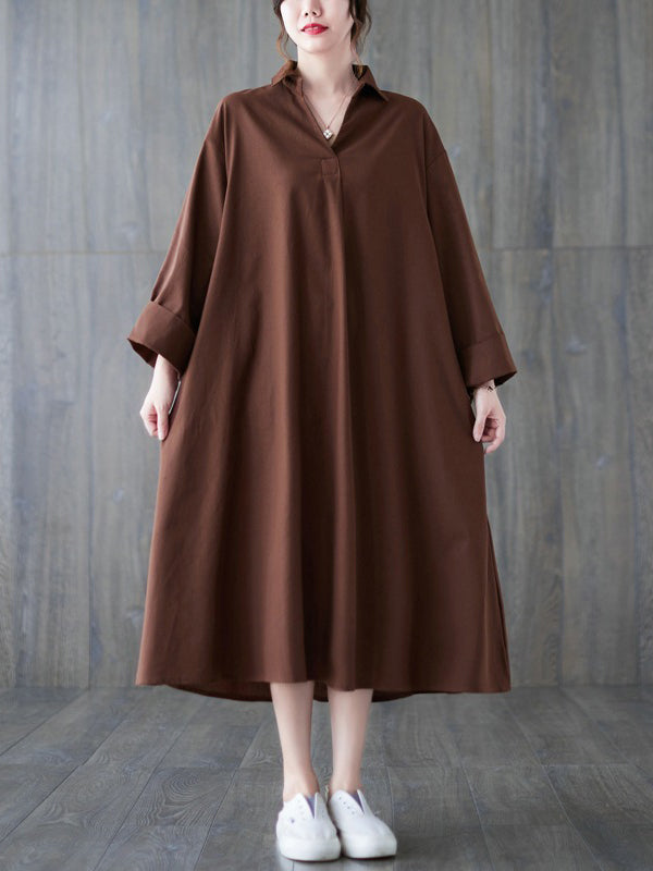 A-Line Long Sleeves Buttoned Solid Color Lapel Midi Dresses Shirt Dress