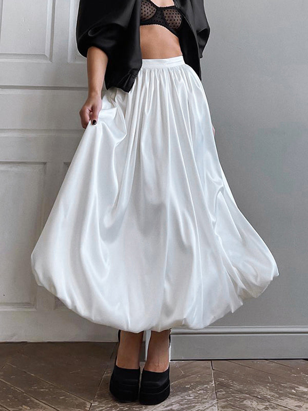 Loose Pleated Solid Color Lantern Skirts Bottoms