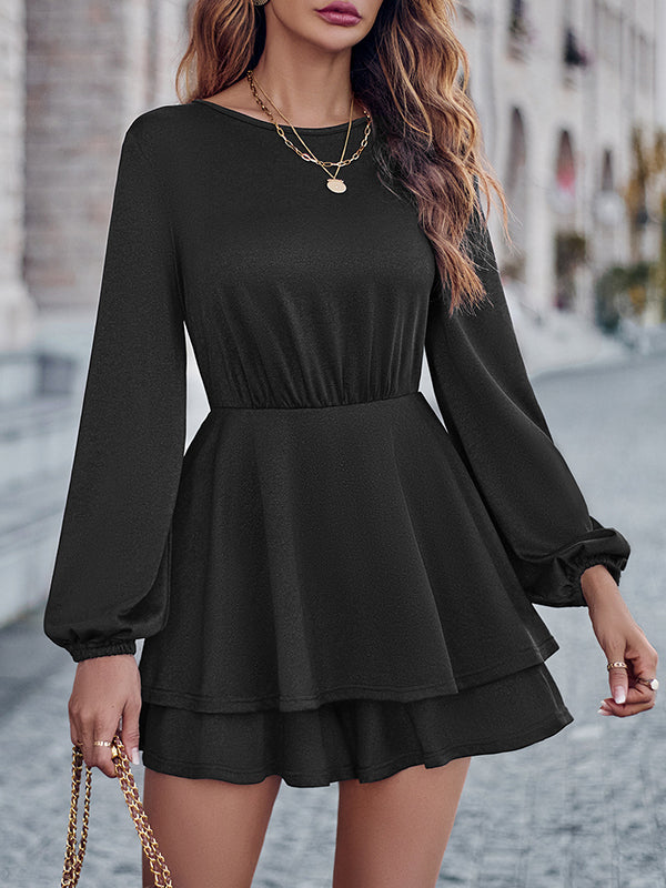 Long Sleeves Puff Sleeves Elasticity Hollow Pleated Solid Color Round-Neck Rompers