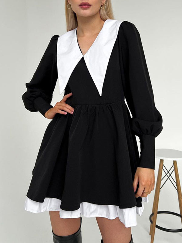 Long Sleeves Loose Contrast Color Pleated Tiered Peter Pan Collar Mini Dresses