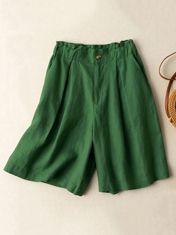 Vintage Solid Color Pleated High Waisted Shorts