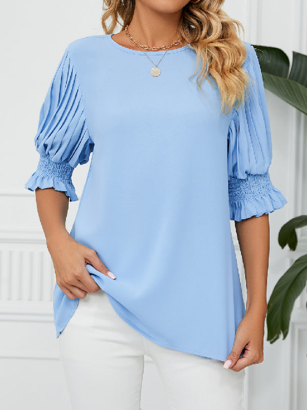 Loose Puff Sleeves Pleated Solid Color Round-Neck T-Shirts Tops