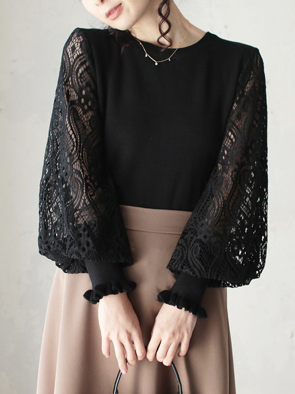 Original Loose Hollow Lace Round-Neck Long Puff Sleeves Sweater Pullovers