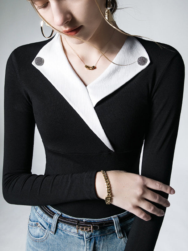 Long Sleeves Skinny Asymmetric Buttoned V-Neck T-Shirts Tops