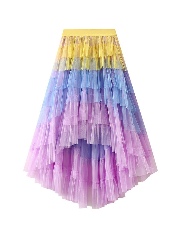 A-Line High-Low Contrast Color Elasticity Gauze Gradient Pleated Split-Joint Tiered Skirts