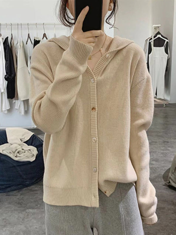 Simple Loose Long Sleeves Buttoned Solid Color Hooded Sweater Cardigan Coats