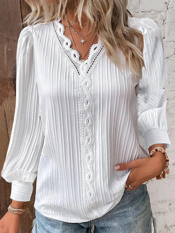 Long Sleeves Loose Hollow Solid Color V-Neck T-Shirts