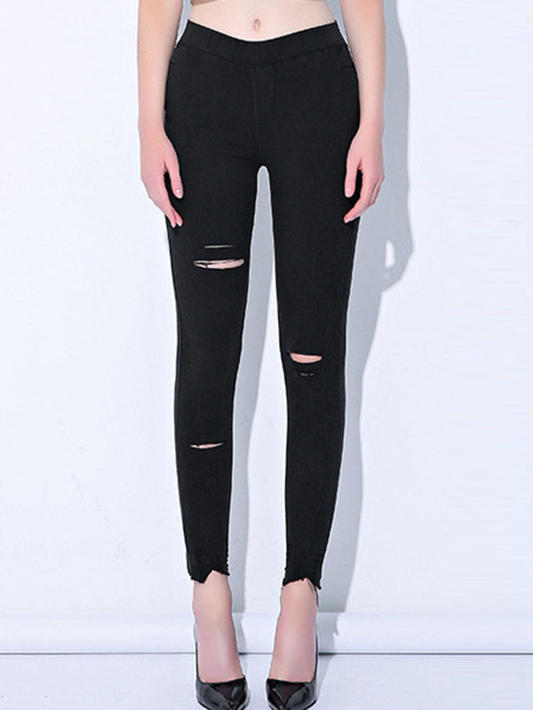 Casual Solid Color Hollow Fringed Skinny Leg Pants