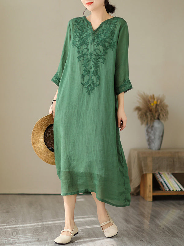 A-Line Loose Embroidered Solid Color V-Neck Midi Dresses