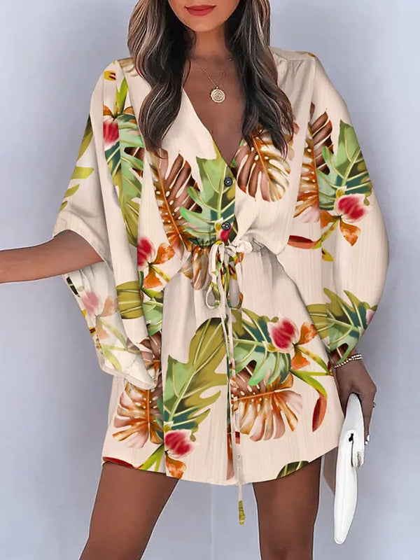 Original Loose Floral Printed Tied Buttoned Mini Shirt Dress