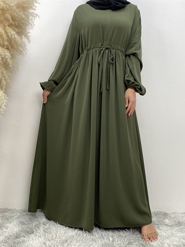 Long Sleeves Loose Drawstring Elasticity Muslim Pleated Solid Color Zipper Round-Neck Maxi Dresses